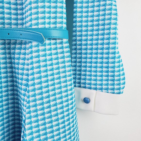 VTG 60s Jean-Ann's ILGWU Cyan Blue Career Houndstooth Print Shirt Dress, 14, NWT - Picture 6 of 9